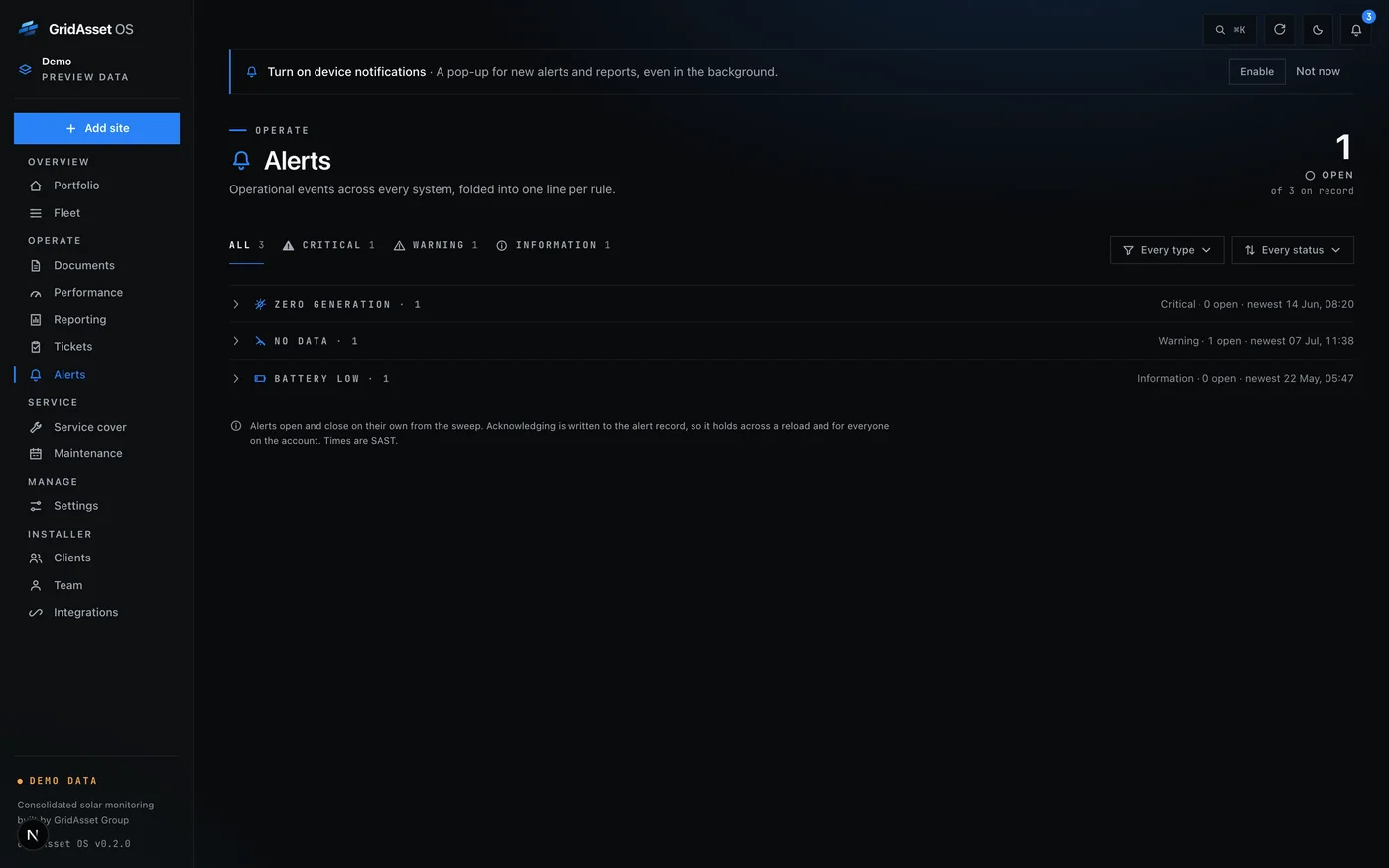 GridAsset OS alerts screen listing site and integration alerts