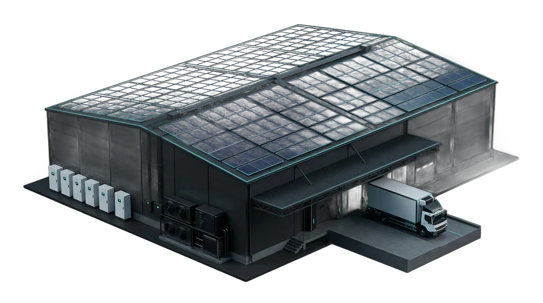 Isometric render of a distribution warehouse with a full rooftop solar array and battery cabinets