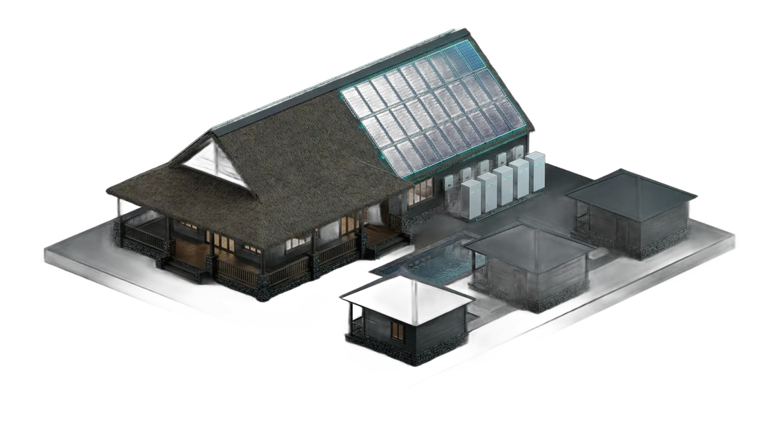 Isometric render of a thatched lodge with solar panels and battery storage