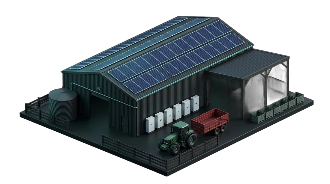 Isometric render of a farm packhouse with rooftop solar, water tank and tractor