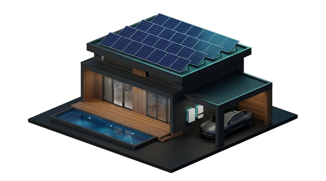 Isometric render of a modern home with a pool, rooftop solar and wall-mounted battery